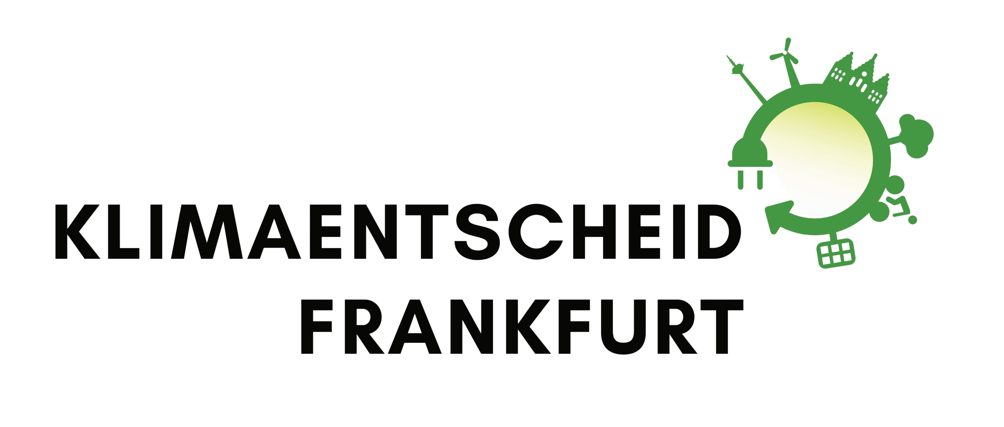 Logo des Klimaentscheid Frankfurt. Der Bürgerentscheid will Frankfurt klimaneutral, und gleichzeitig lebenswerter machen. Deswegen zeigt das grün-gelbe Logo Erneuerbare Energien, Stadtbäume sowie ein Fahrrad und den Römer. Die Details erkennt man nur, wenn man näher hinsieht, oder das Logo vergrößert.